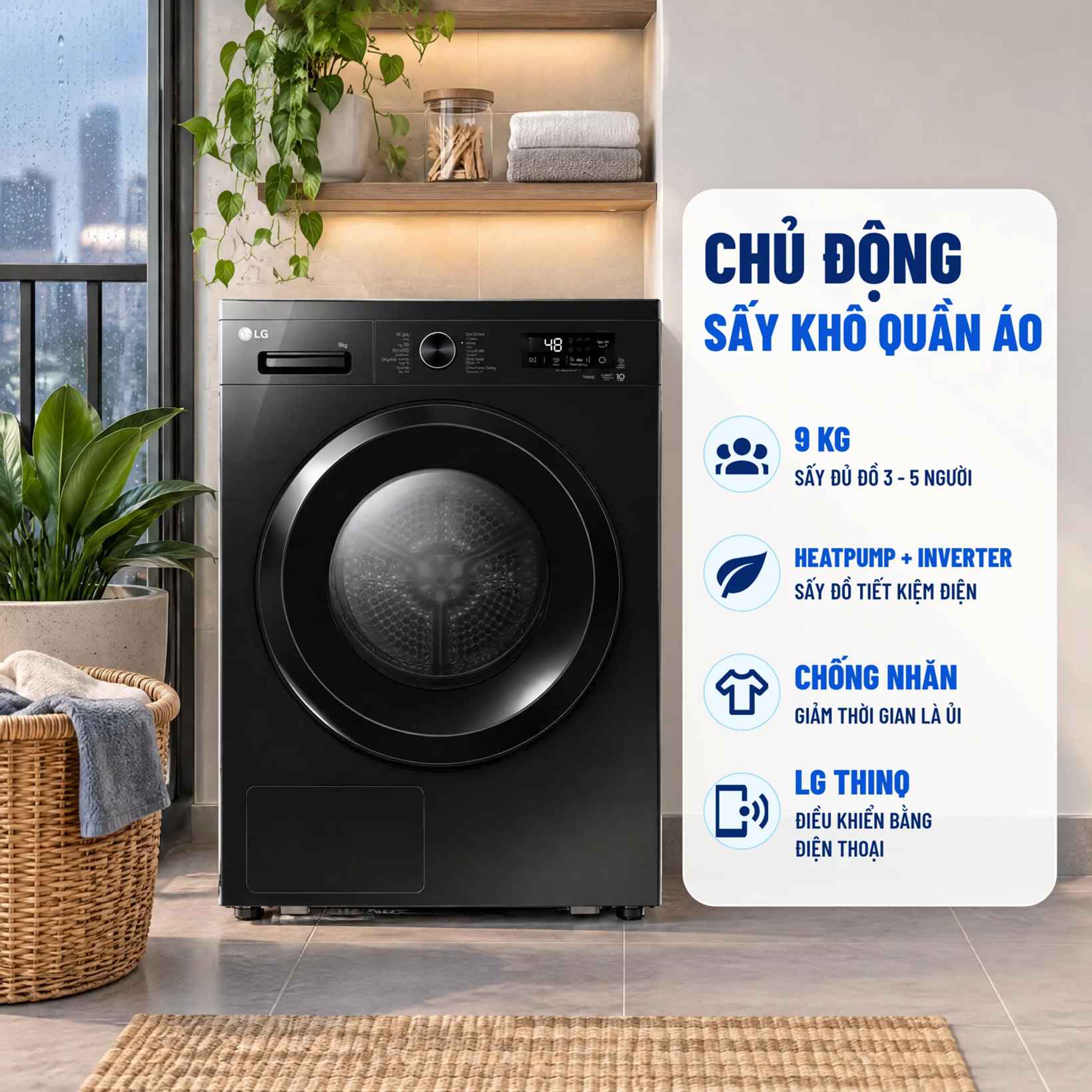 Máy sấy quần áo LG màu đen 9 kg công nghệ Heat Pump Inverter, chống nhăn và điều khiển qua LG ThinQ